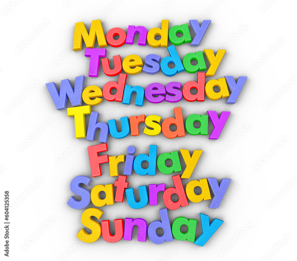 days of the week in colorful letter magnets isolated