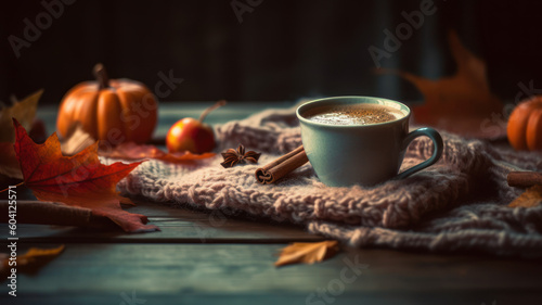 Wallpaper Mural Cup of cappuccino coffee with spices on wooden table. Generative AI Torontodigital.ca