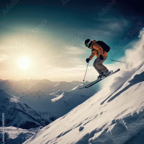 Jumping skier is skiing on the slopes of the mountains. Extreme winter sports in the mountains. Generative AI