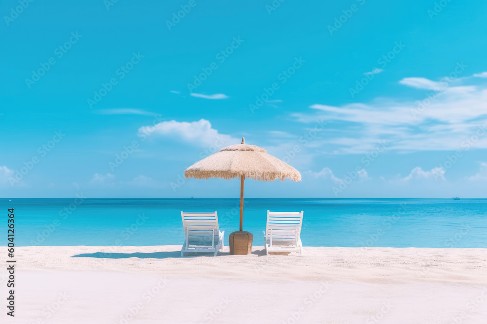 White sand, chairs and umbrella travel tourism wide panorama background concept. Generative AI