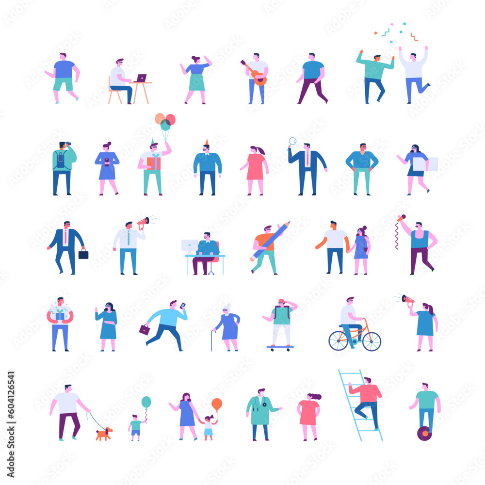 Tiny people flat faceless silhouette. Different tiny people characters big vector set. Flat vector illustration isolated on white..