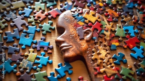 Illustration of a human head surrounded by puzzle pieces, representing problem-solving or the complexity of the mind created with Generative AI technology