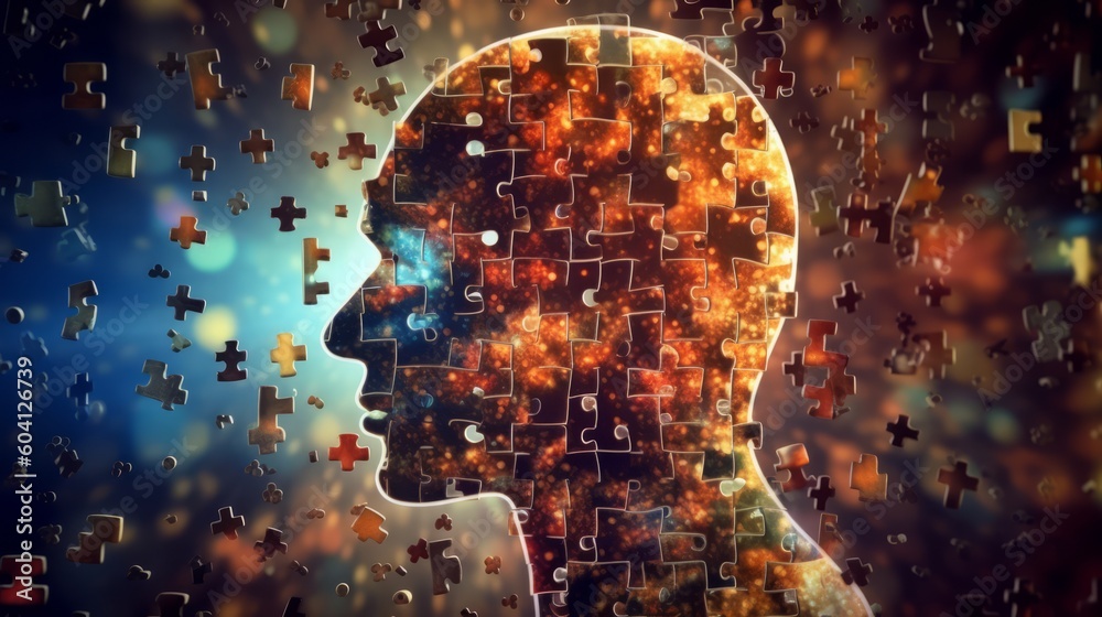 Illustration of a person's head with puzzle pieces representing problem-solving skills created with Generative AI technology Illustration of a person's head with puzzle pieces representing problem-solving skills created with Generative AI technology