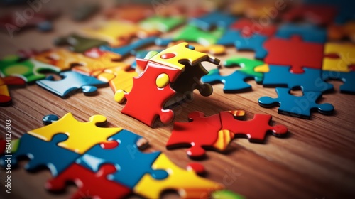 Illustration of a colourful assortment of puzzle pieces arranged on a wooden table created with Generative AI technology