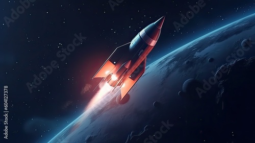 Spaceship flies to another planet._Spaceship takes off into space. 