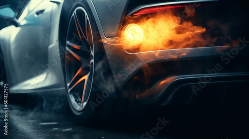 closeup of sports car exhaust pipes with smoke and fire wallpaper Ai Generative 