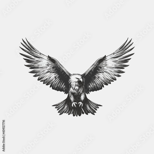 A black and white illustration of a flying raven