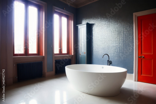 Modern bathroom interior design  white bathtub. Generative AI