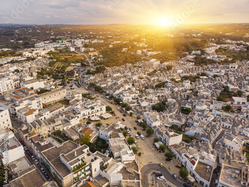 Aerial view of Alberobello, city of Trulli in Itria Valley, Puglia. Traditional Apulian dry stone huts with a conical roof in the Murge area of the Italian region of Apulia.