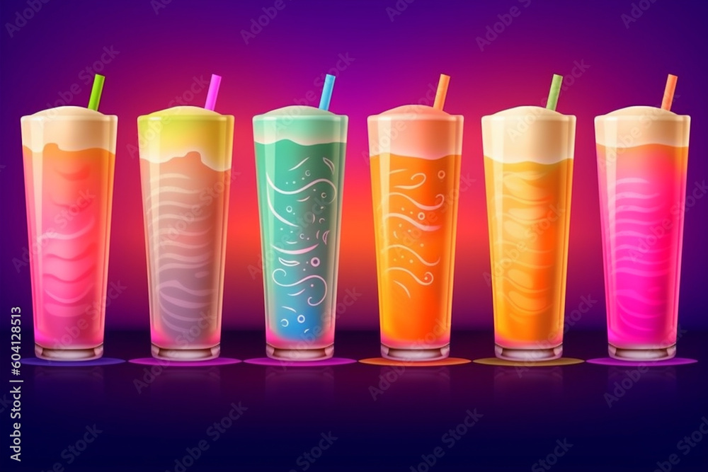 Fototapeta premium 6 Sommer Cocktails / Drinks mit Strohhalm in Neonfarben. Querformat. Generative Ai.