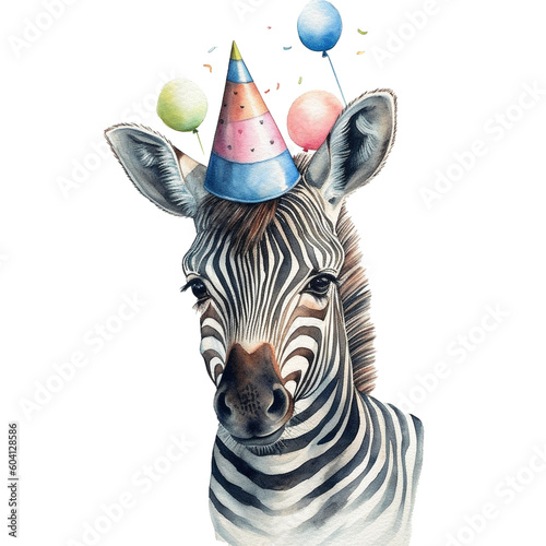 portrait baby zebra wearing party hat on head in watercolor for birthday greetings