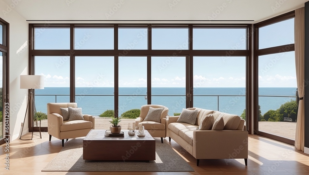 Living room with a view of the ocean, generative ai