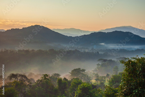 Himalaya hills in mist, sunrise landscape