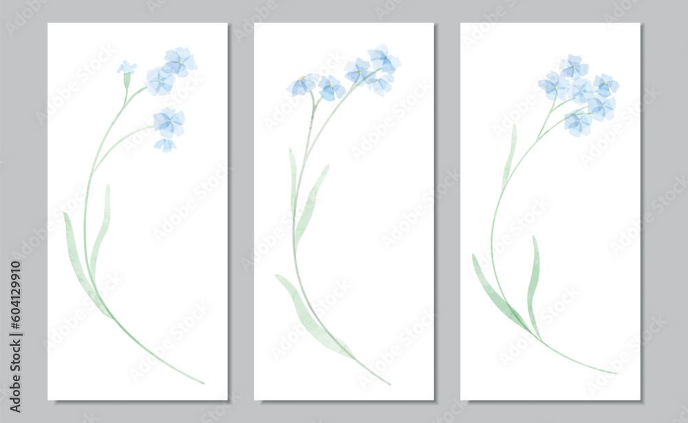 Vector triptych with watercolor forget-me-nots