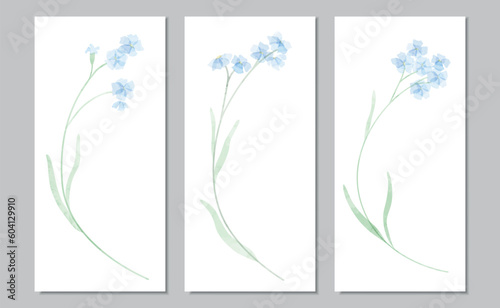 Vector triptych with watercolor forget-me-nots