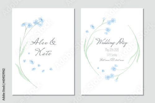 Vector watercolor wedding invitation template with blue forget-me-nots