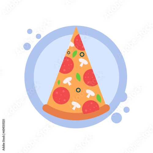 Top view of triangle pizza slices from plate Colored flat vector illustration of fastfood 
Italian fast food piece, snack with pepperoni sausage, cheese, olives and mushrooms