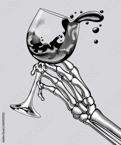 A skeletal hand holding a glass of spilled wine or blood. Vintage engraving black and white stylized drawing. Vector illustration