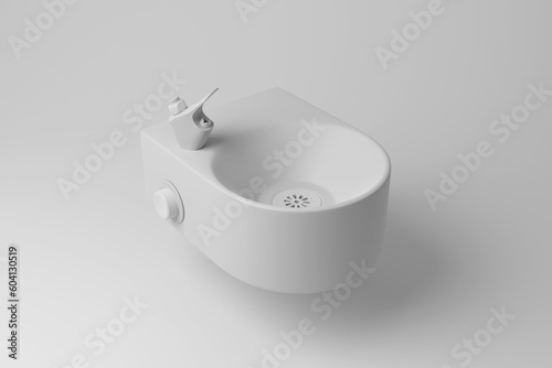 White drinking fountain floating in mid air with shadow on white background in monochrome. Illustration of the concept of minimalism and public drinking water facilities