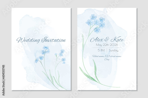 Vector wedding invitation template with blue forget-me-nots and watercolor background