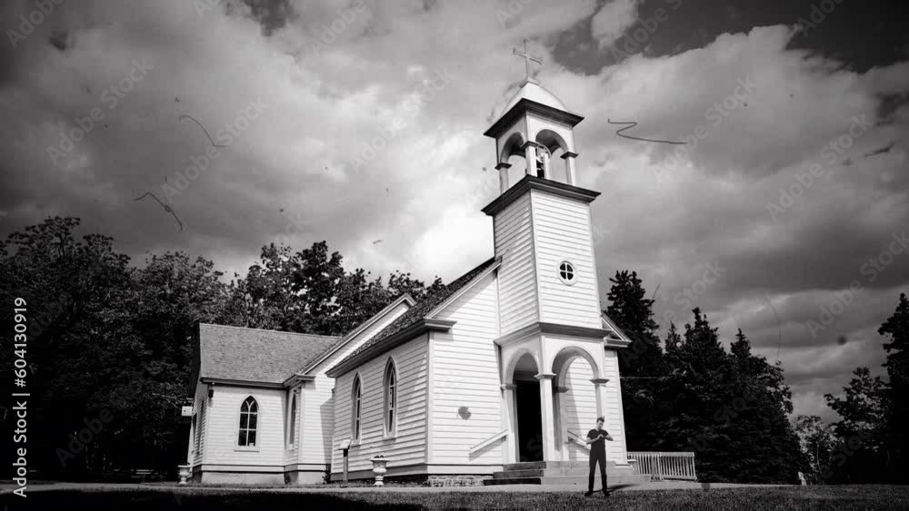 Church House Male Priest Vintage Style Old Film Texture. Male Priest