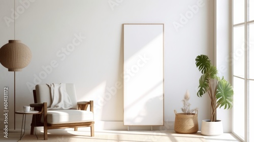 Modern living room with empty blank canvas or wall decor frame in center. Product presentation advertisement background ai  ai generative  illustration