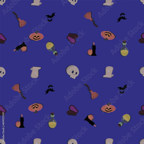 Seamless Collection of Occult Magic Objects for Mystic Rituals, Witchcraft Equipment, Cauldron, Book, Bottle of Magical Potion, Wand, Cartoon Style Vector Illustration
