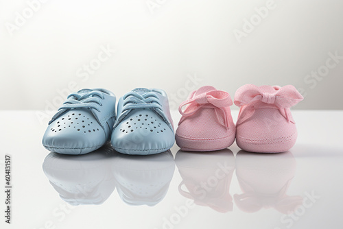 Pair of pink and blue baby shoes. Generative AI illustration