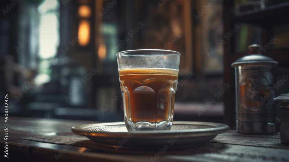 Glass of traditional hot Vietnamese coffee with condensed milk on wooden table Generative AI Glass of traditional hot Vietnamese coffee with condensed milk on wooden table Generative AI