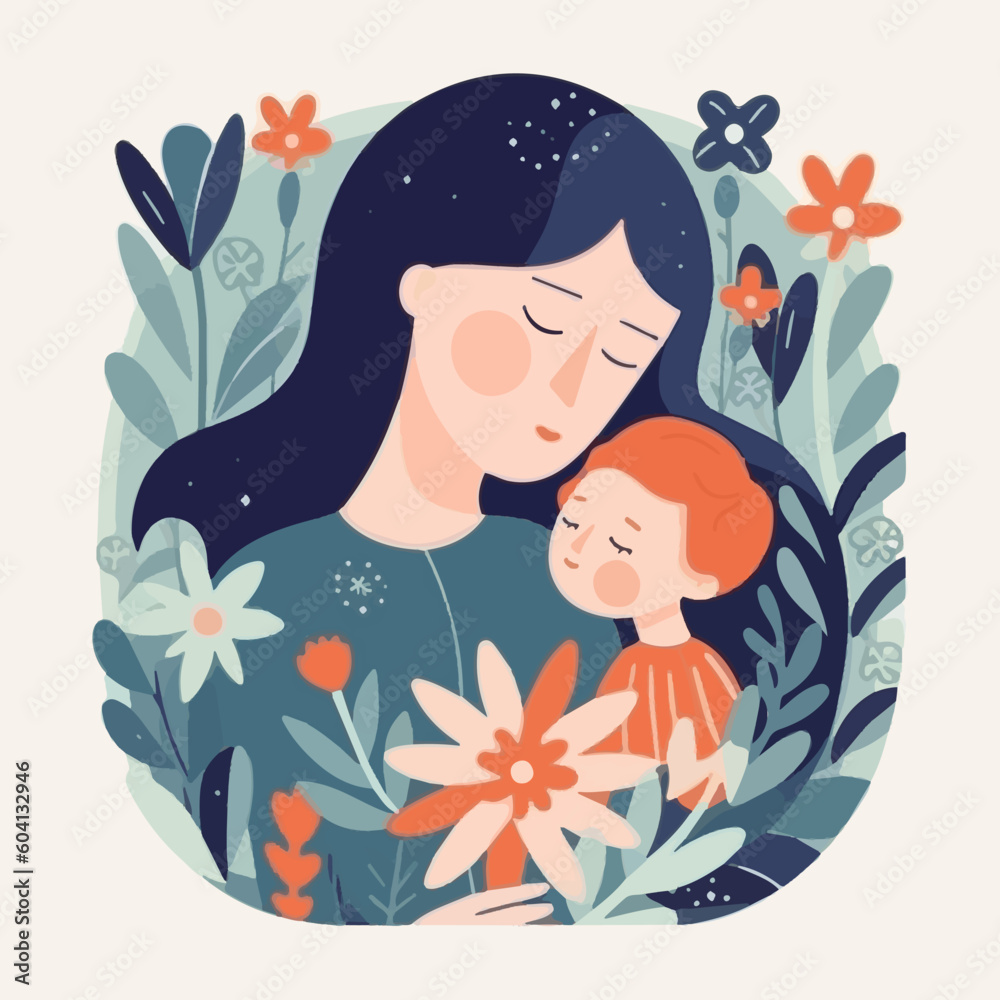 Happy Mother holding baby surrounded by flowers. Mother hugs her child, motherhood. Scandinavian flat style. Concept of mothers day