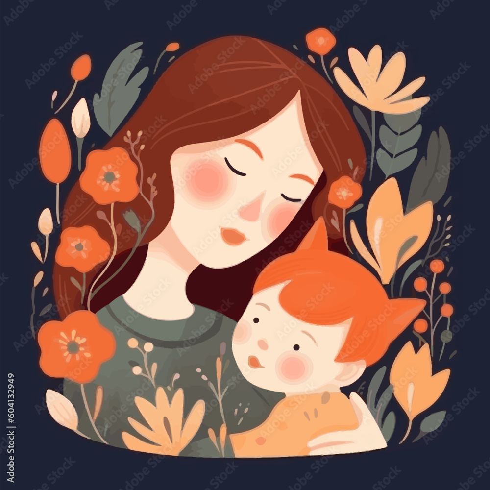 Happy Mother holding baby surrounded by flowers. Mother hugs her child, motherhood. Scandinavian flat style. Concept of mothers day