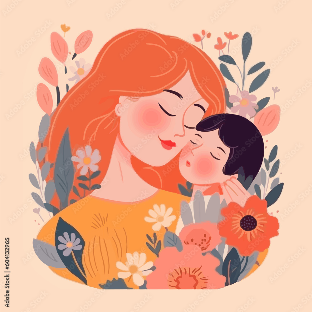 Happy Mother holding baby surrounded by flowers. Mother hugs her child, motherhood. Scandinavian flat style. Concept of mothers day Happy Mother holding baby surrounded by flowers. Mother hugs her child, motherhood. Scandinavian flat style. Concept of mothers day