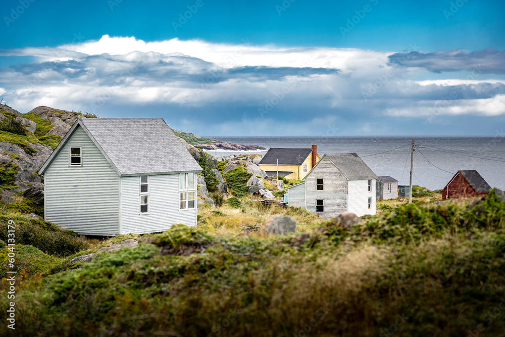 East Coast homes on a rocky shoreline overlooking the Atlantic Ocean at Keels Newfoundland Canada.