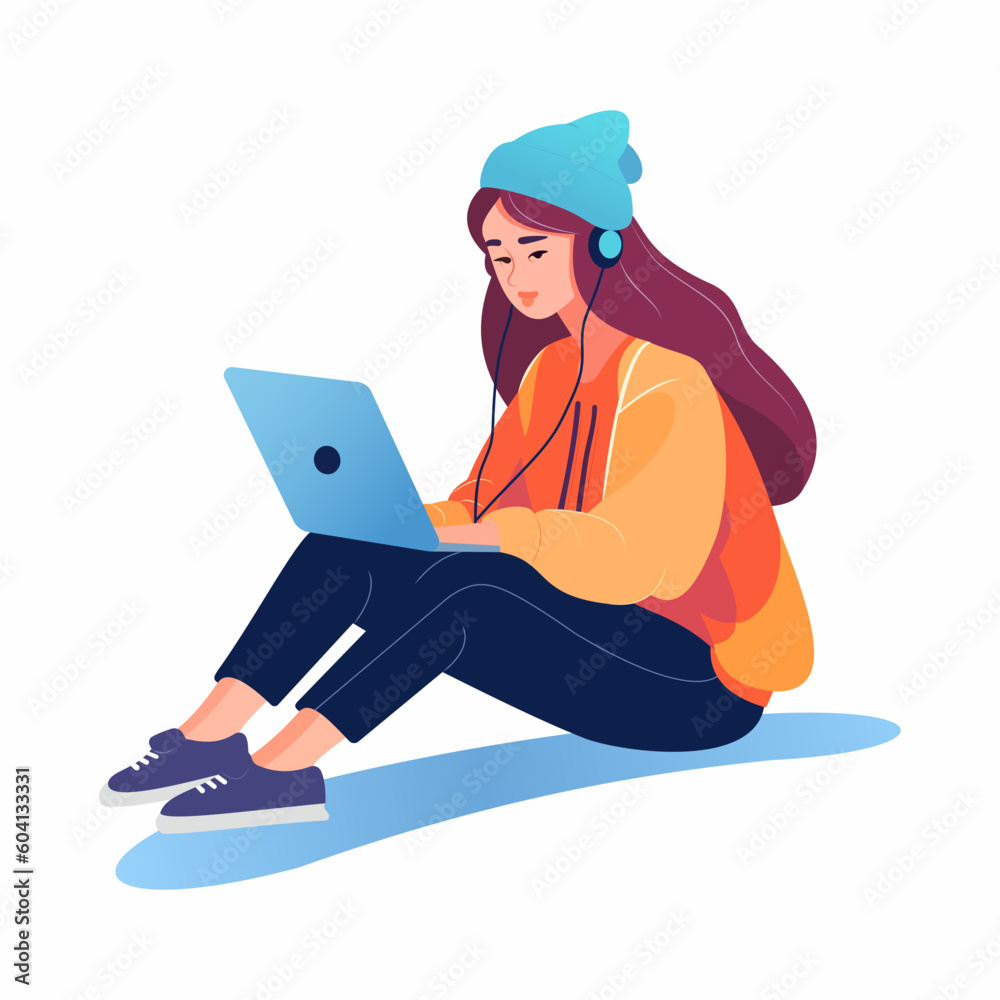 girl in headphones sits on the floor and uses a laptop. Work or freelancing. A young woman is studying. Freelancer lifestyle. Home schooling. Vector illustration in a flat style. girl in headphones sits on the floor and uses a laptop. Work or freelancing. A young woman is studying. Freelancer lifestyle. Home schooling. Vector illustration in a flat style.