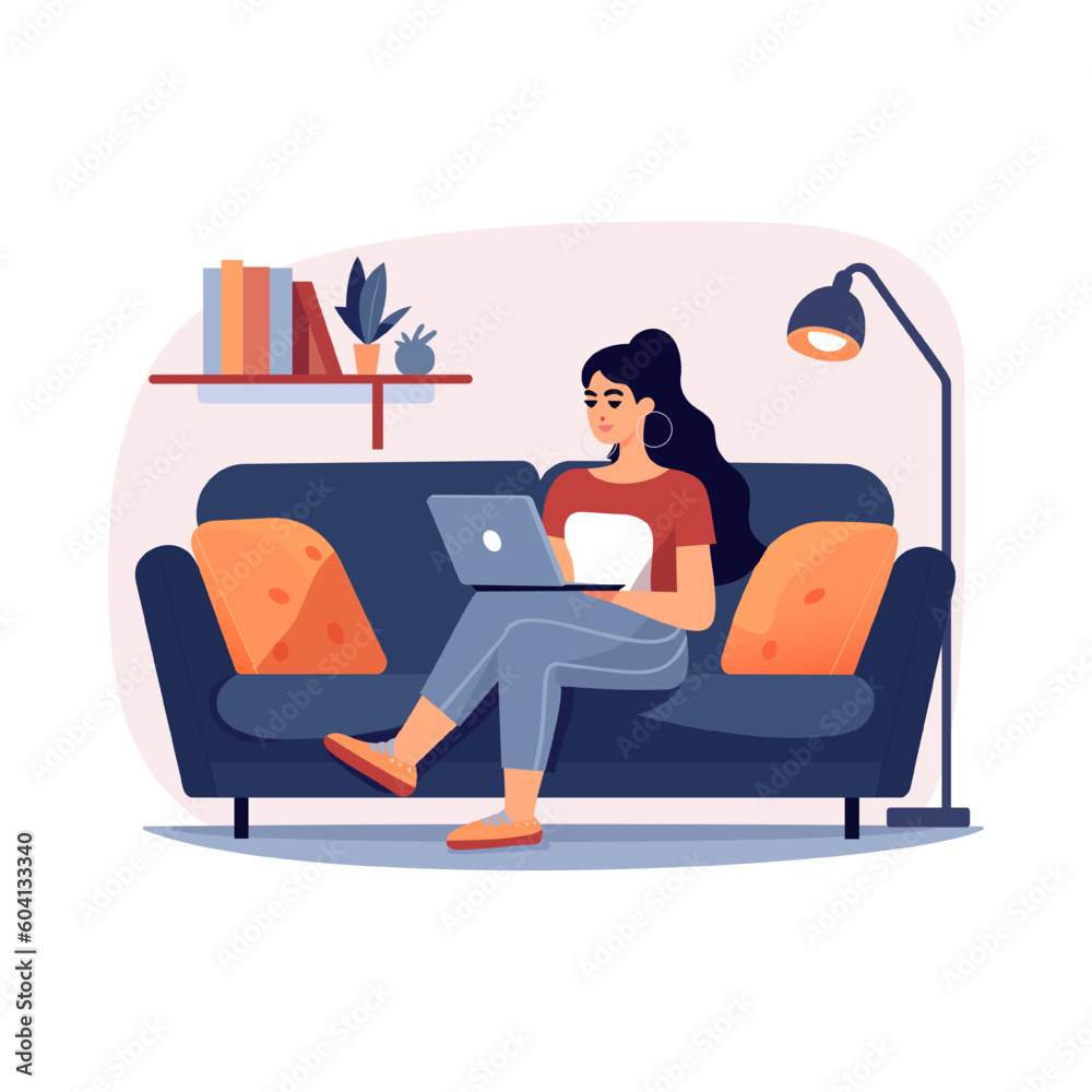 woman sits in a chair and works on a laptop. Home Office. Work from home or freelance. Young woman studying at home. Freelancer lifestyle. Home schooling. Vector illustration in a flat style.