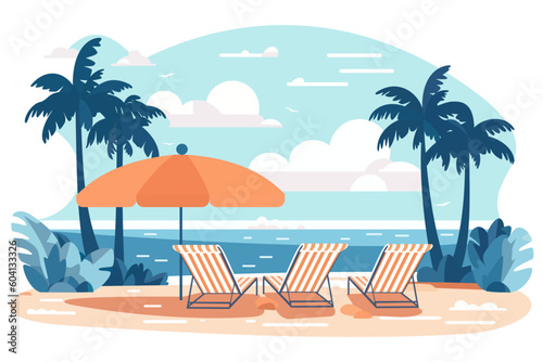 Beautiful landscape of the beach. Hotel beach. Rest by the sea. Scenery. Beautiful seascape. Banner. Sea holiday. Vector illustration