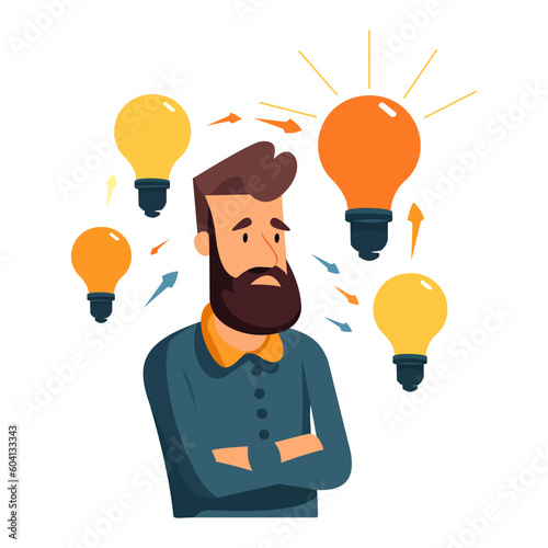 
man comes up with an idea. Business idea, plan strategy and solution concept. Business man having a solution, idea light bulb metaphor. The concept of a new idea, thinking, innovation, creative idea 