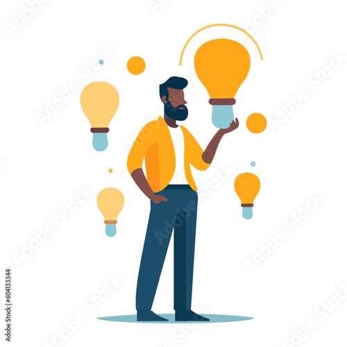 Man finds an idea and holds it in the form of a light bulb. Business idea, plan strategy and solution concept. Business man having a solution, idea light bulb metaphor. The concept of a new idea