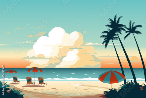 Beautiful landscape of the beach. Sun loungers on the beach. Scenery. Beautiful seascape. Hotel beach. Banner. Sea holiday. Vector illustration