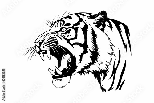 Roaring tiger logo. Tiger growling, grinning vector illustration on a white background. Beautiful, breathtaking tiger.