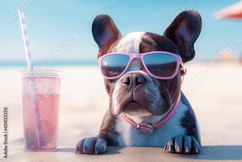 Cute dog with coctail relaxing on sandy beach near sea. Summer vacation with pet. Generative AI