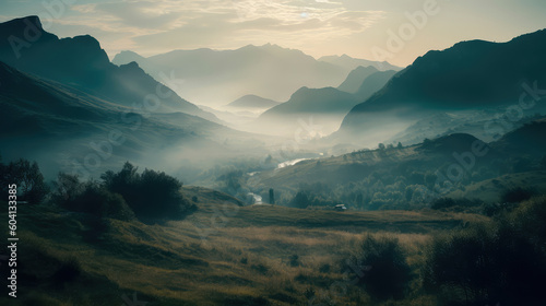 Misty illustration of a mountain range in fog, creating a majestic atmosphere. Generative AI © keks20034