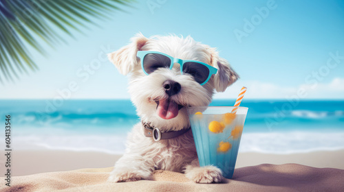 Cute dog with coctail relaxing on sandy beach near sea. Summer vacation with pet. Generative AI © zamuruev