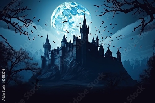 Fairy tale castle at night, scary magic castle, full moon, gothic castle