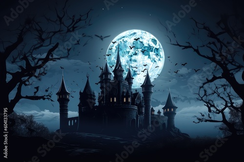 Fairy tale castle at night, scary magic castle, full moon, gothic castle