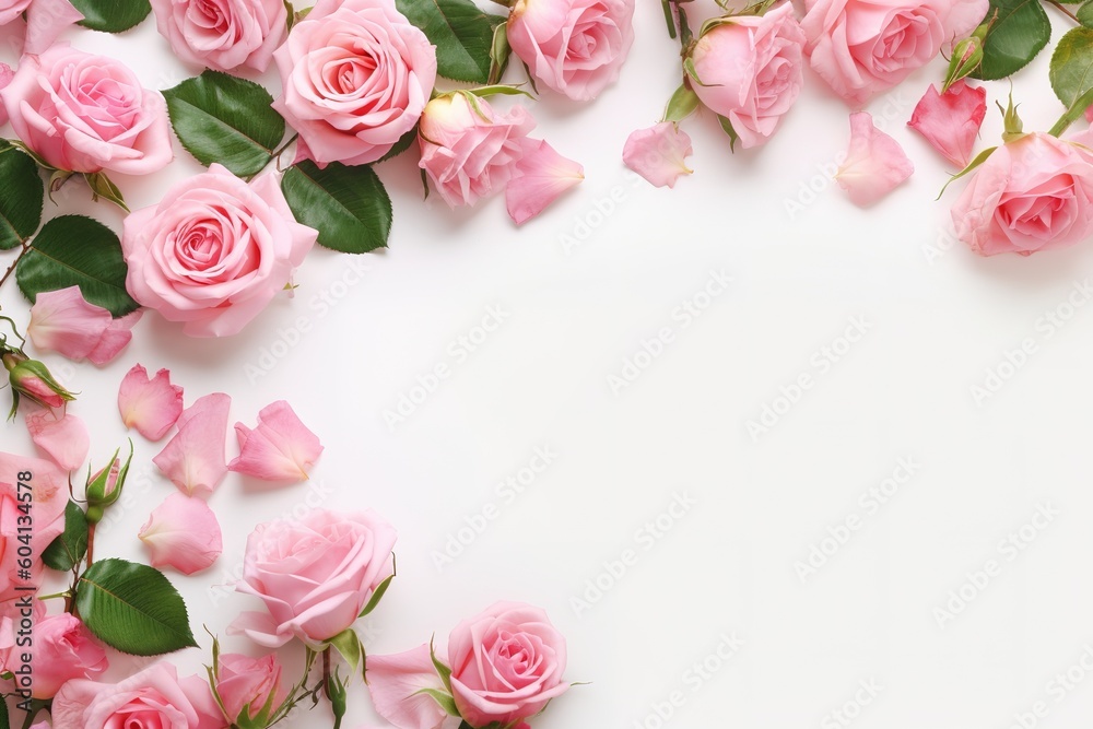 Decorative web banner. Close up of blooming pink roses flowers and petals isolated on white table background. Floral frame composition. Empty space, flat lay, top view - obrazy, fototapety, plakaty 
