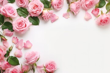 Decorative web banner. Close up of blooming pink roses flowers and petals isolated on white table background. Floral frame composition. Empty space, flat lay, top view
