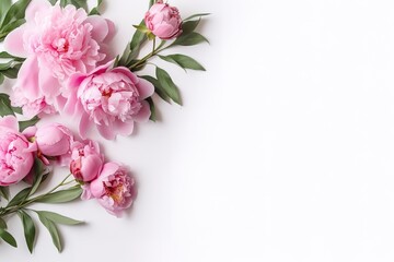 Floral frame composition. Close up of blooming pink roses flowers and petals isolated on white table background. Decorative web banner. Styled stock photo. Empty space, flat lay, top view