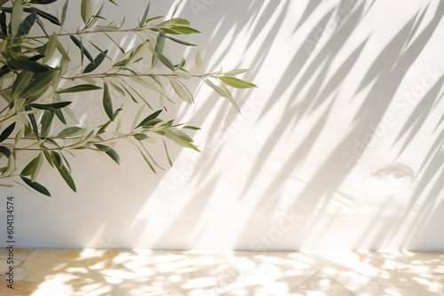 Mediterranean concept. Shadows of olive tree leaves  branches over white wall. Summer background  sunlight overlay  empty copy space. 