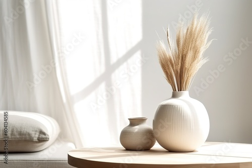 Obraz na płótnie Modern white ceramic vase with dry grass on wooden table. Scandinavian interior. Empty white wall, copy space w salonie